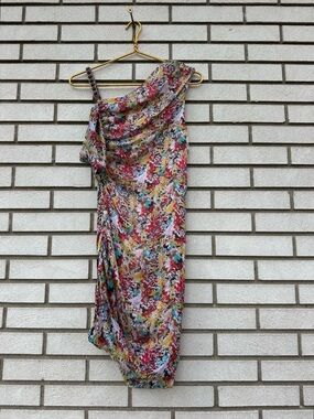 Catherine Malandrino Silk One‎ Shoulder Draped Dress Chain Strap Ruched 0 Art